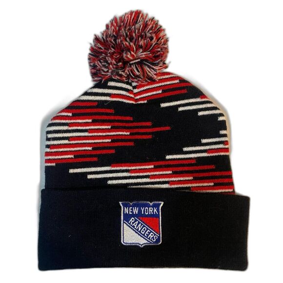 New York Rangers Pom Pom Beanie Hat with Cuff Black Red OS - Picture 1 of 8